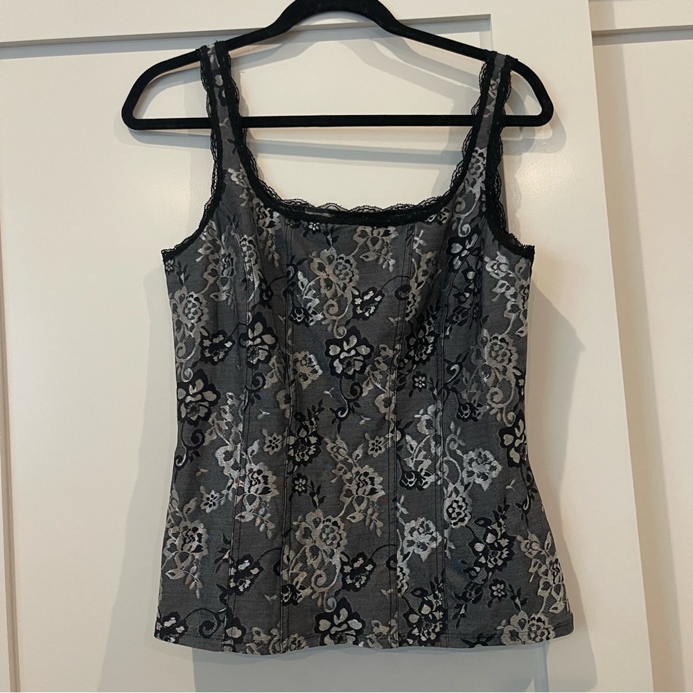 White House Black Market Floral Lace Trim Gray Top Size Large